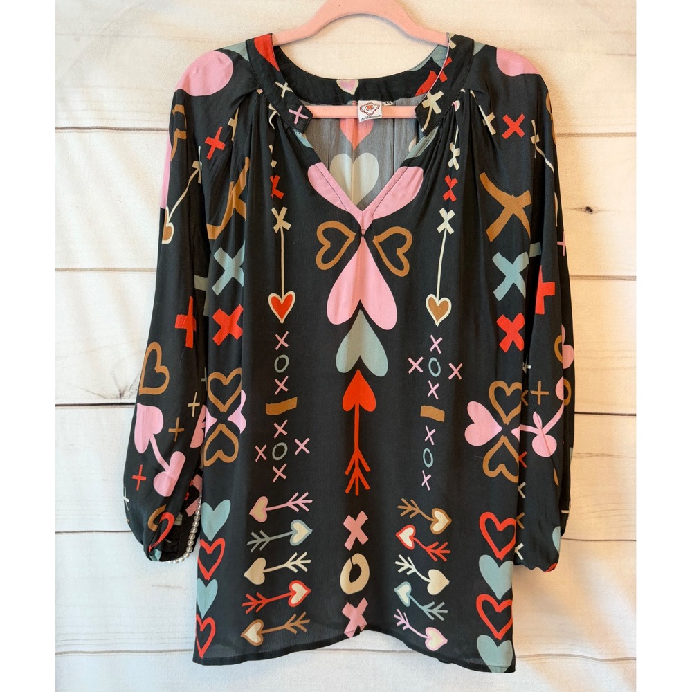 Sheridan French Heart Print Pearl Cuff Tunic Top Black XS Valentine XOXO